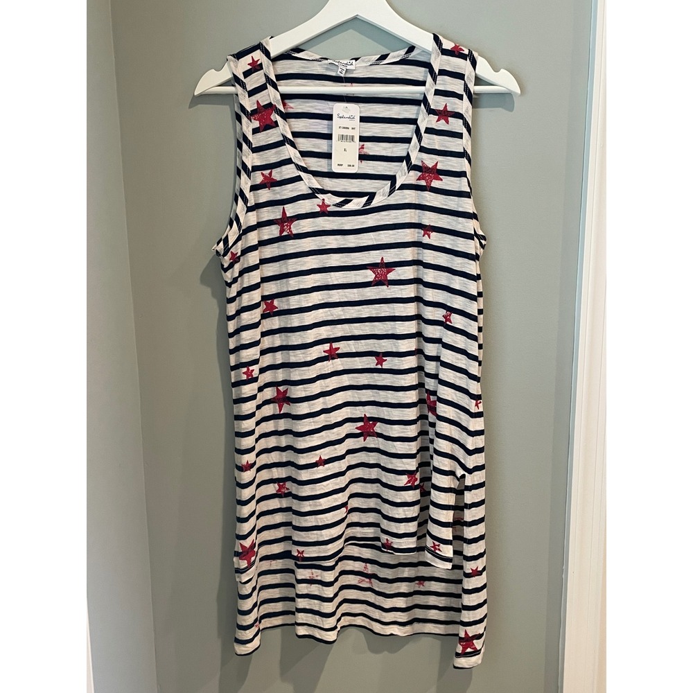 Splendid XL Tank Top Striped Stars Sleeveless High Low Hem New w‎ Tags